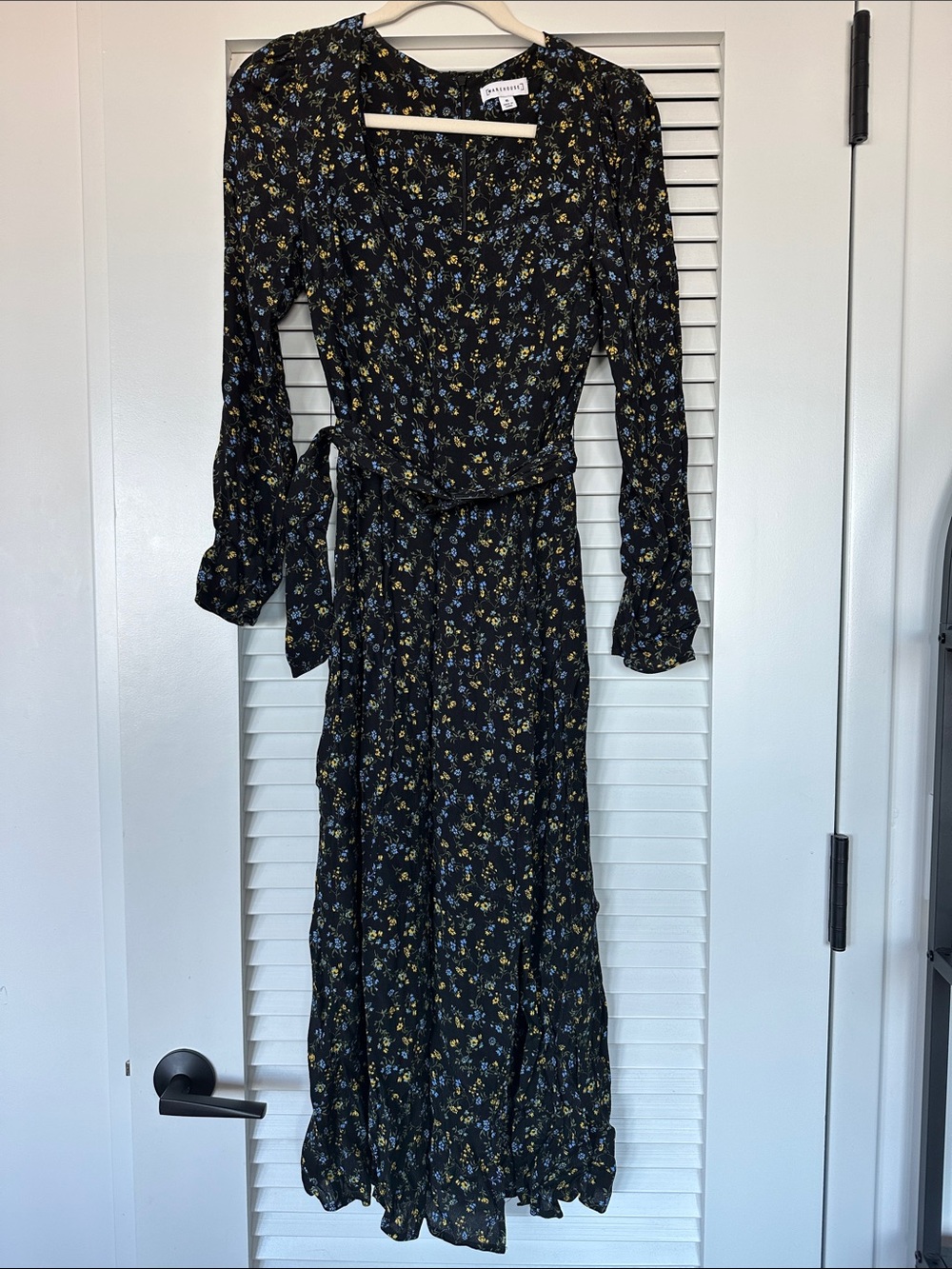 Warehouse Black Floral Wrap Maxi Dress with Blue and Yellow Prints